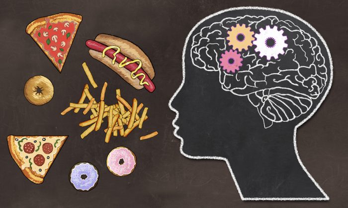 Addiction Illustrated With Fast Food And Brain Activity In Class